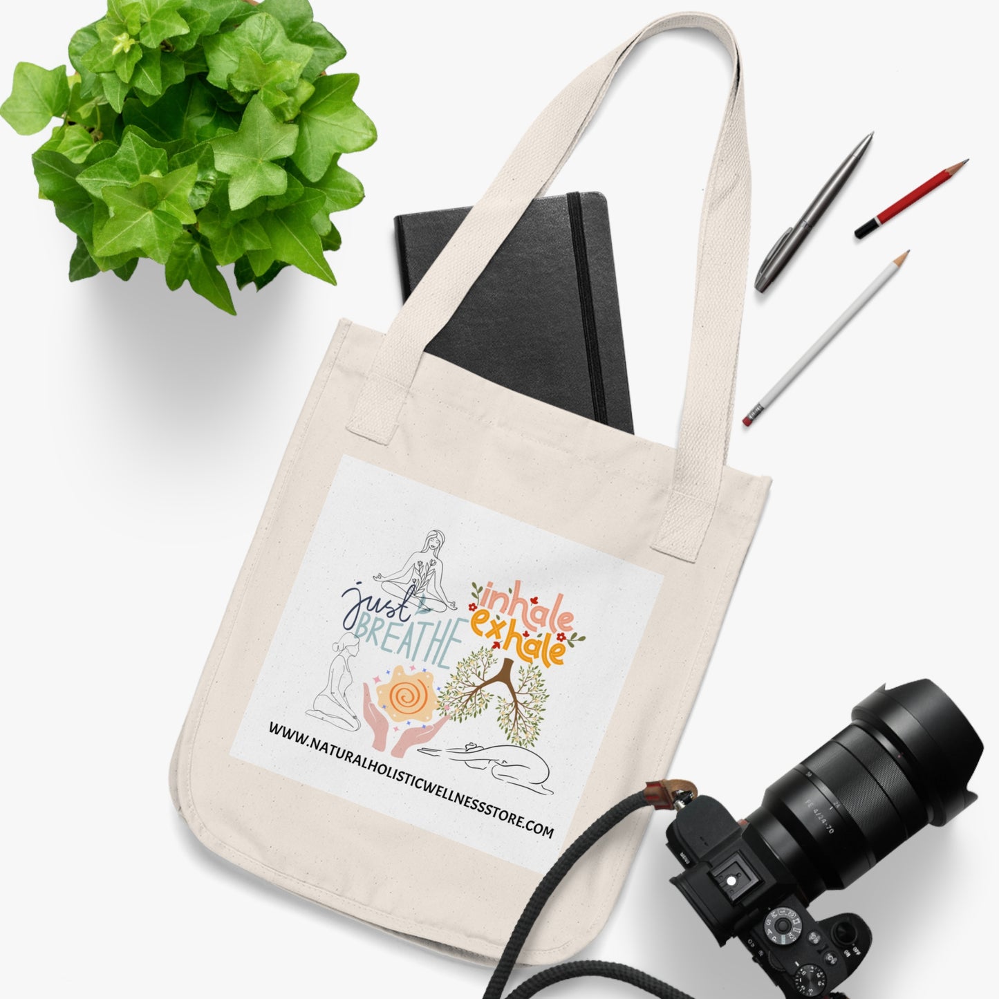 Inspirational Organic Canvas Tote Bag - 'Just Breathe' Design