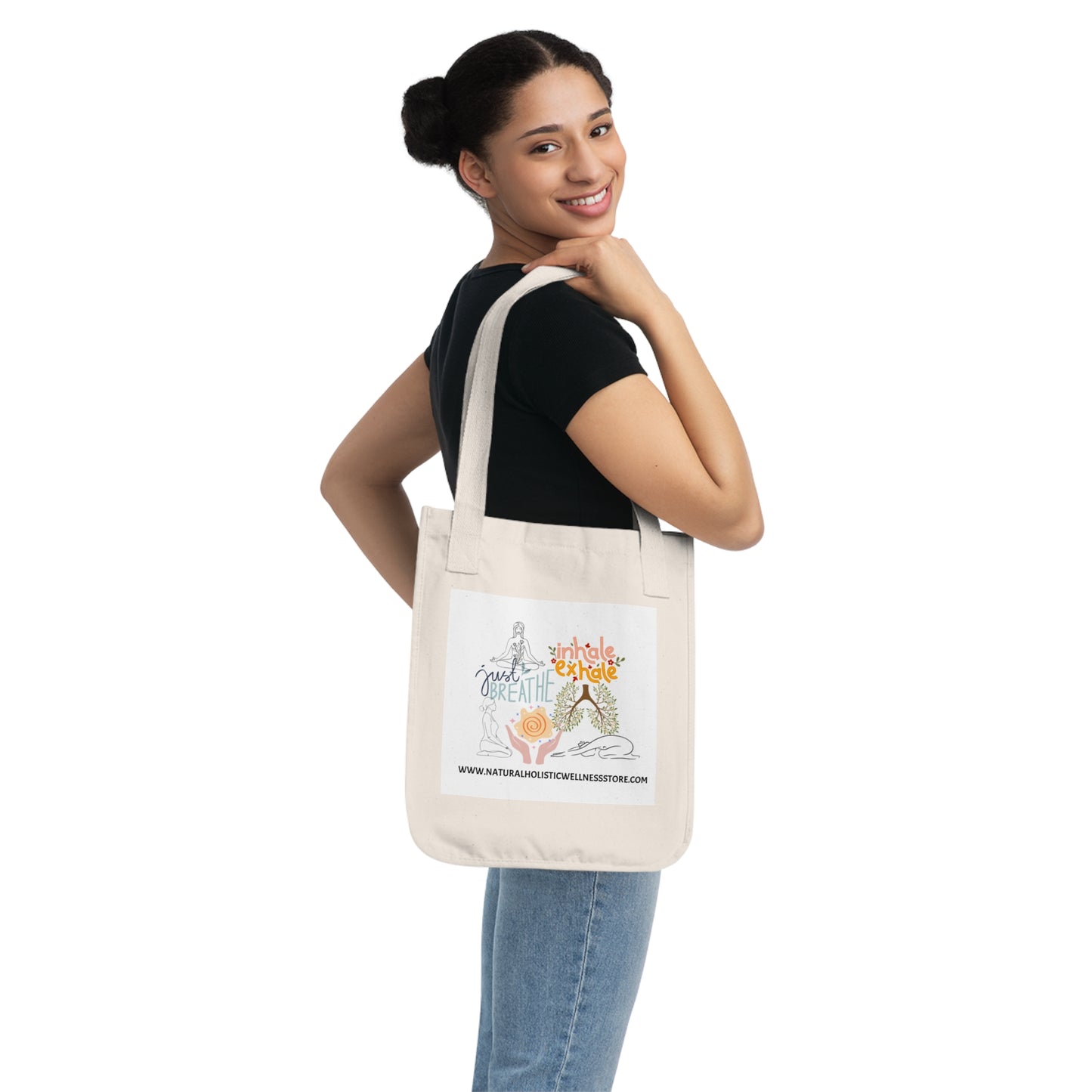 Inspirational Organic Canvas Tote Bag - 'Just Breathe' Design